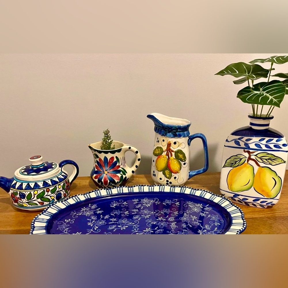 Assorted Pottery Collection Blue, Yellow, Green, Red Decor Set- see description.